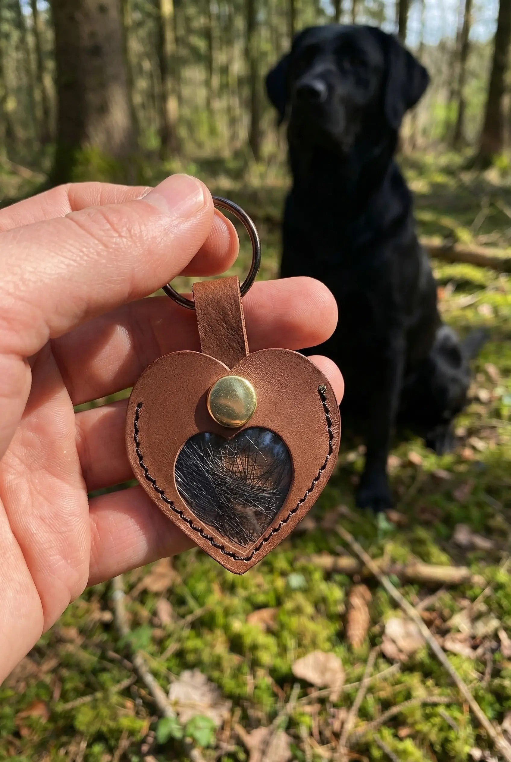Personalisiertes Lederherz „Ewig bei mir“ – Schlüsselanhänger mit Namensgravur & Sichtfenster für Tierhaare
